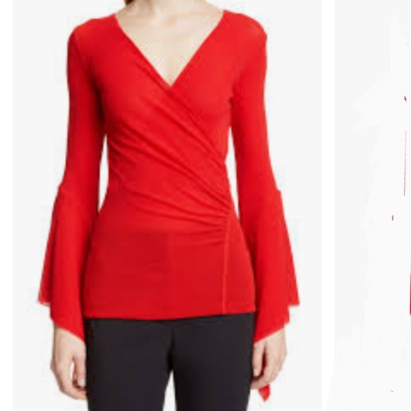 FUZZI Wrap Front V-Neckline Fine Mesh Knit Long Butterfly Bell Sleeves Red L NWT - Picture 2 of 16